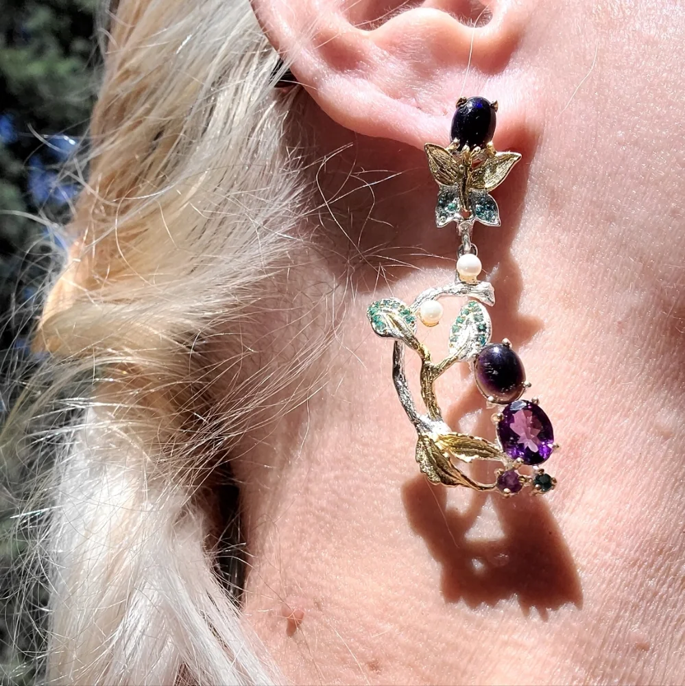 INCREDIBLE fancy Floral Black Opal Aquamarine Amethyst Kyanite & Pearl earrings - Picture 6 of 11